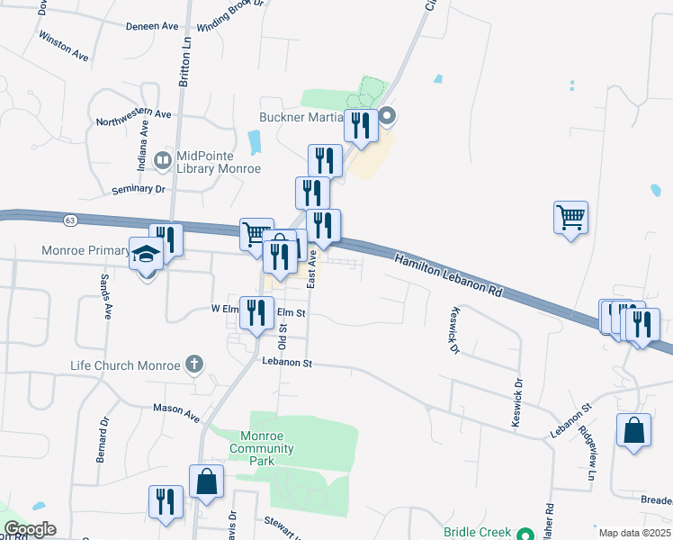 map of restaurants, bars, coffee shops, grocery stores, and more near 258 Courtland Drive in Monroe