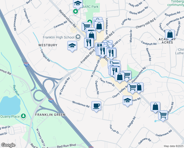 map of restaurants, bars, coffee shops, grocery stores, and more near 32 West Chestnut Hill Lane in Reisterstown