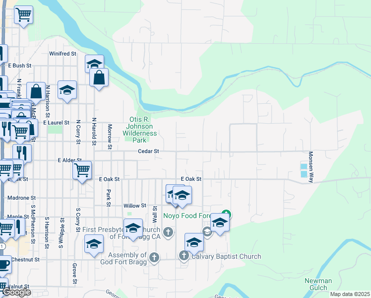 map of restaurants, bars, coffee shops, grocery stores, and more near 1321 Cedar Street in Fort Bragg