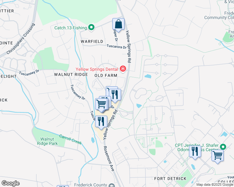 map of restaurants, bars, coffee shops, grocery stores, and more near 2104 Whitehall Road in Frederick