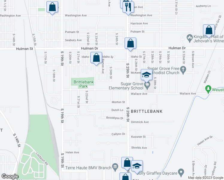 map of restaurants, bars, coffee shops, grocery stores, and more near 2325 Wallace Avenue in Terre Haute