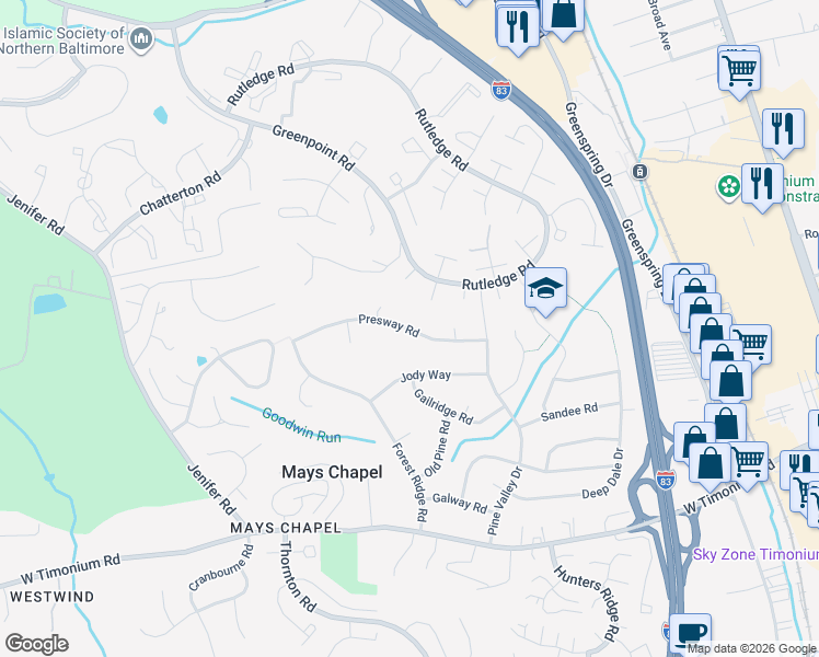 map of restaurants, bars, coffee shops, grocery stores, and more near 318 Presway Road in Lutherville-Timonium