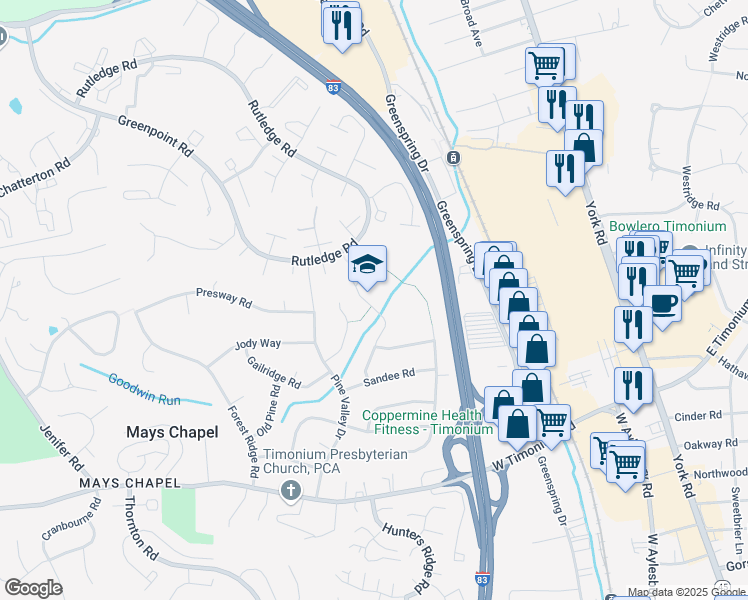 map of restaurants, bars, coffee shops, grocery stores, and more near 200 Rickswood Road in Lutherville-Timonium