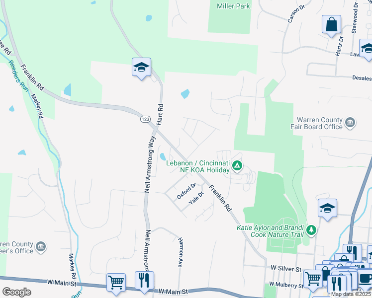 map of restaurants, bars, coffee shops, grocery stores, and more near 880 Franklin Road in Lebanon