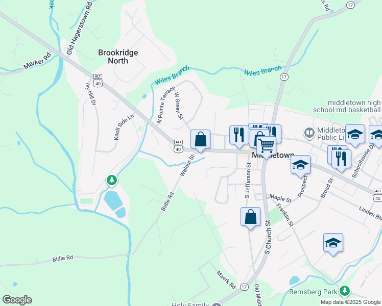 map of restaurants, bars, coffee shops, grocery stores, and more near 500 Old National Pike in Middletown