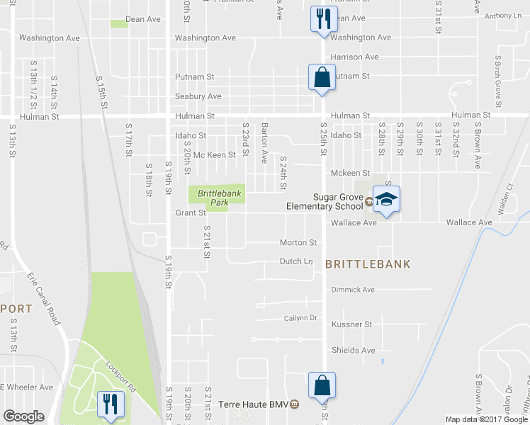 map of restaurants, bars, coffee shops, grocery stores, and more near 2330 Wallace Avenue in Terre Haute