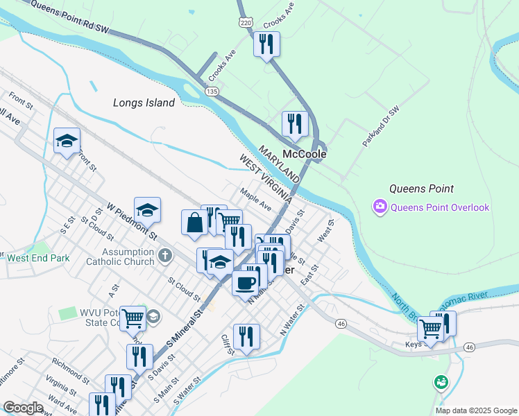 map of restaurants, bars, coffee shops, grocery stores, and more near 156 Maple Avenue in Keyser