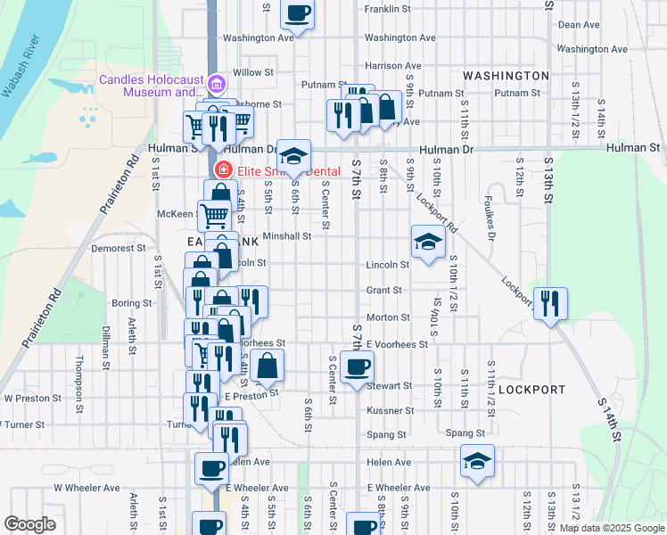 map of restaurants, bars, coffee shops, grocery stores, and more near 2100 South Center Street in Terre Haute