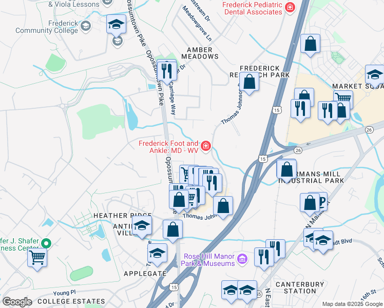 map of restaurants, bars, coffee shops, grocery stores, and more near 148 Fairfield Drive in Frederick