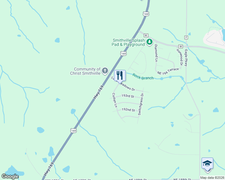 map of restaurants, bars, coffee shops, grocery stores, and more near 19309 Corbyn Lane in Smithville