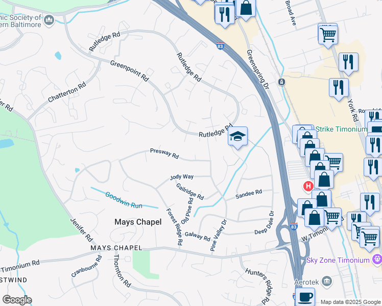 map of restaurants, bars, coffee shops, grocery stores, and more near 5 Valley Oak Court in Lutherville-Timonium