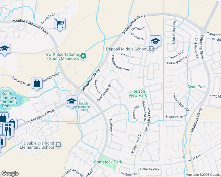 map of restaurants, bars, coffee shops, grocery stores, and more near 9590 Comanche Moon Court in Reno