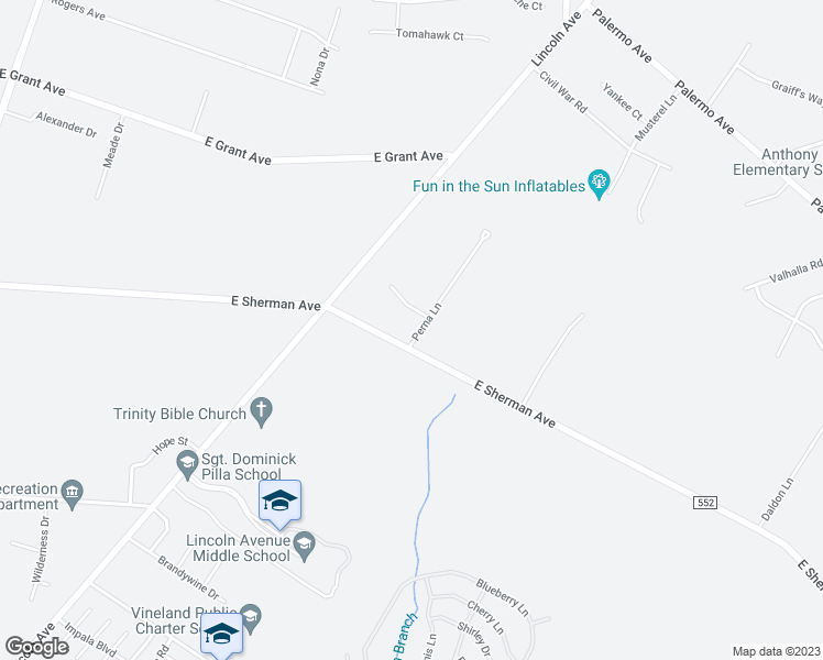 map of restaurants, bars, coffee shops, grocery stores, and more near 2814 Perna Lane in Vineland