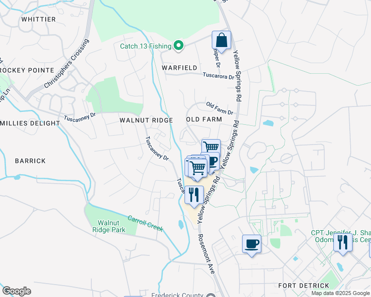 map of restaurants, bars, coffee shops, grocery stores, and more near 2133 Wainwright Court in Frederick