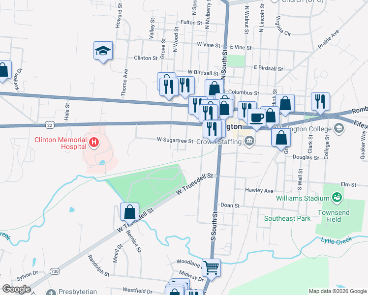 map of restaurants, bars, coffee shops, grocery stores, and more near 119 South Spring Street in Wilmington