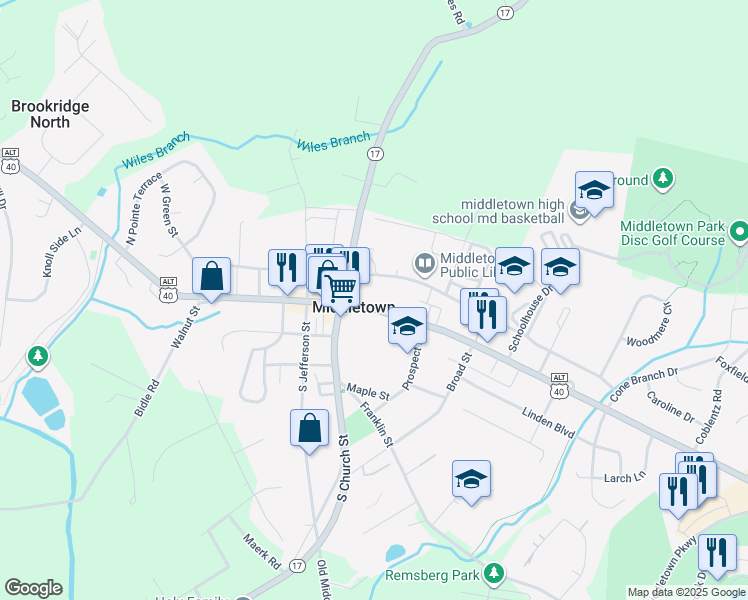 map of restaurants, bars, coffee shops, grocery stores, and more near 17 East Main Street in Middletown