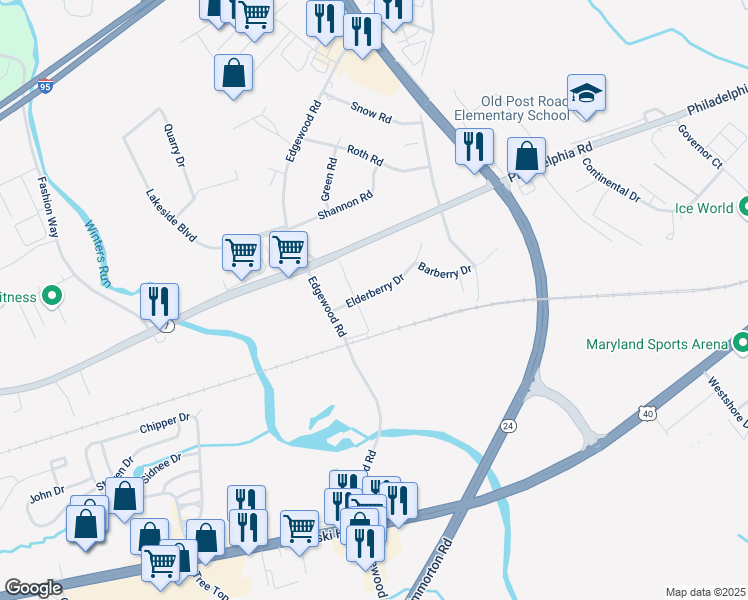 map of restaurants, bars, coffee shops, grocery stores, and more near 2305 Elderberry Drive in Edgewood