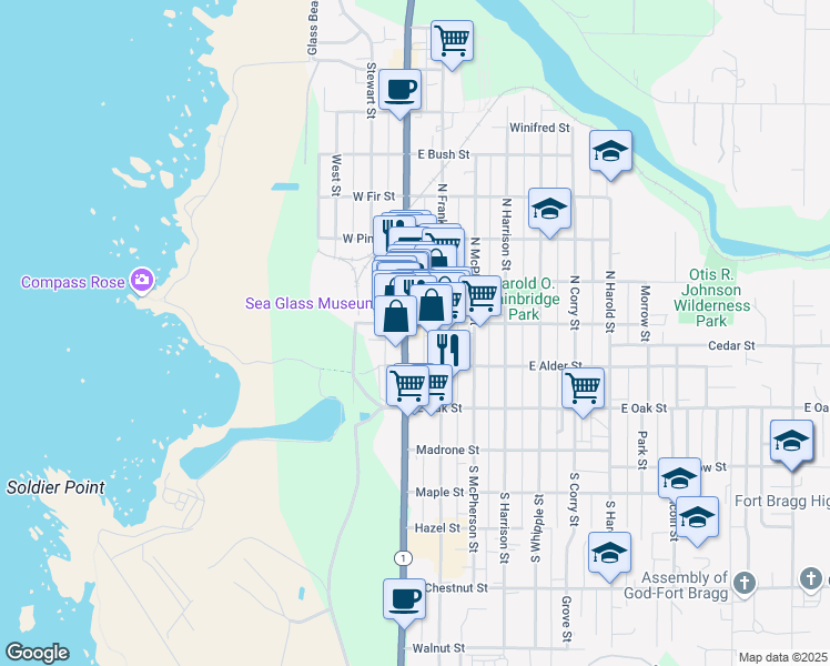 map of restaurants, bars, coffee shops, grocery stores, and more near 250 North Main Street in Fort Bragg