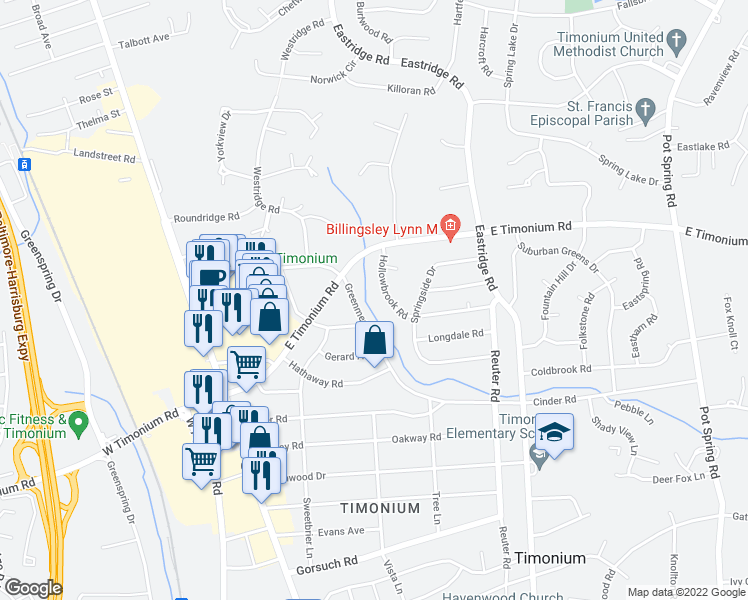 map of restaurants, bars, coffee shops, grocery stores, and more near 114 Hollowbrook Road in Lutherville-Timonium