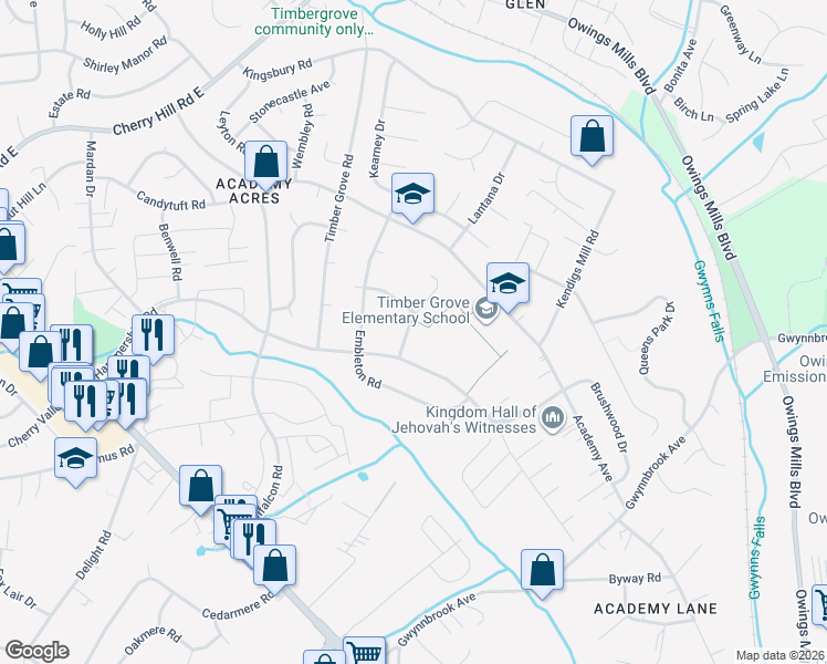map of restaurants, bars, coffee shops, grocery stores, and more near 209 Stanlake Road in Owings Mills