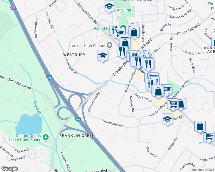 map of restaurants, bars, coffee shops, grocery stores, and more near 122 Persimmon Circle in Reisterstown