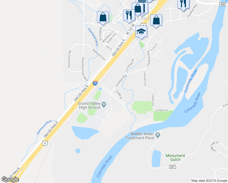 map of restaurants, bars, coffee shops, grocery stores, and more near 105 Creek Street in Parachute