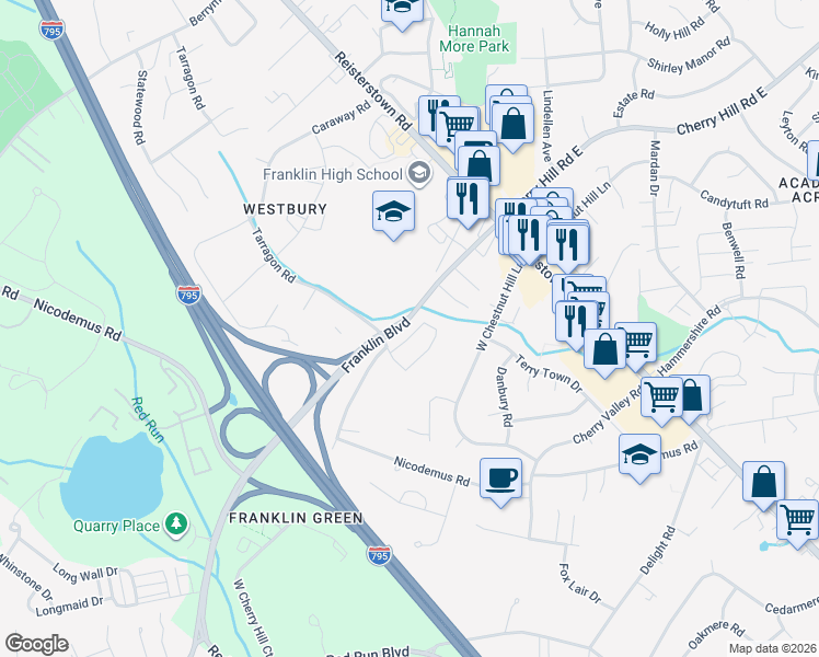 map of restaurants, bars, coffee shops, grocery stores, and more near 122 Persimmon Circle in Reisterstown