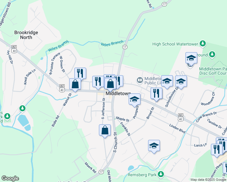 map of restaurants, bars, coffee shops, grocery stores, and more near 3 West Main Street in Middletown