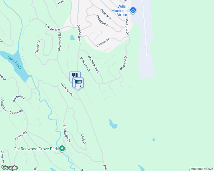 map of restaurants, bars, coffee shops, grocery stores, and more near 25339 Madrone Drive in Willits