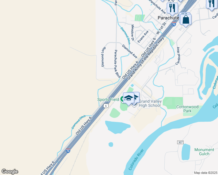 map of restaurants, bars, coffee shops, grocery stores, and more near 8495 Highway 6 and 24 in Parachute