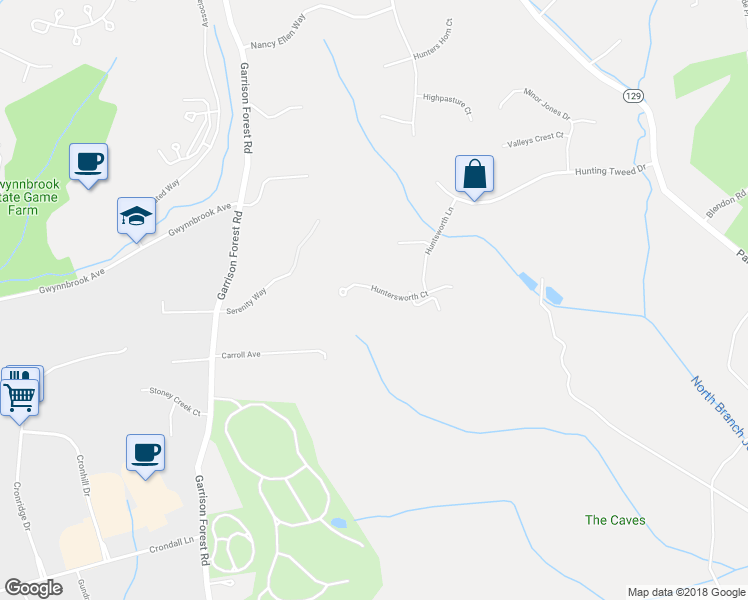 map of restaurants, bars, coffee shops, grocery stores, and more near 11 Huntersworth Court in Owings Mills
