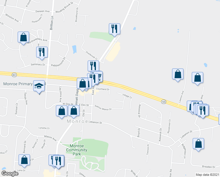 map of restaurants, bars, coffee shops, grocery stores, and more near 47 Village Court in Monroe