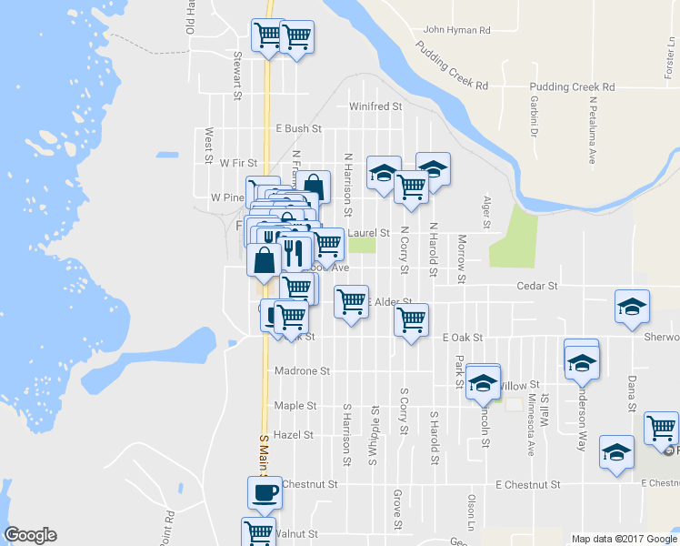map of restaurants, bars, coffee shops, grocery stores, and more near 322 East Redwood Avenue in Fort Bragg