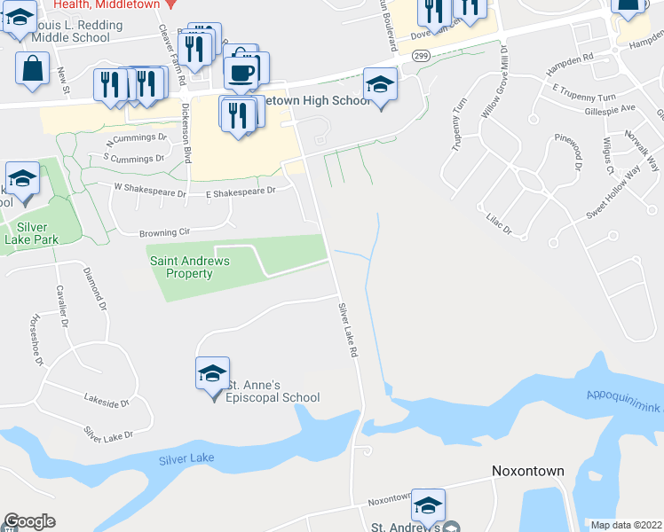 map of restaurants, bars, coffee shops, grocery stores, and more near 220 Silver Lake Road in Middletown