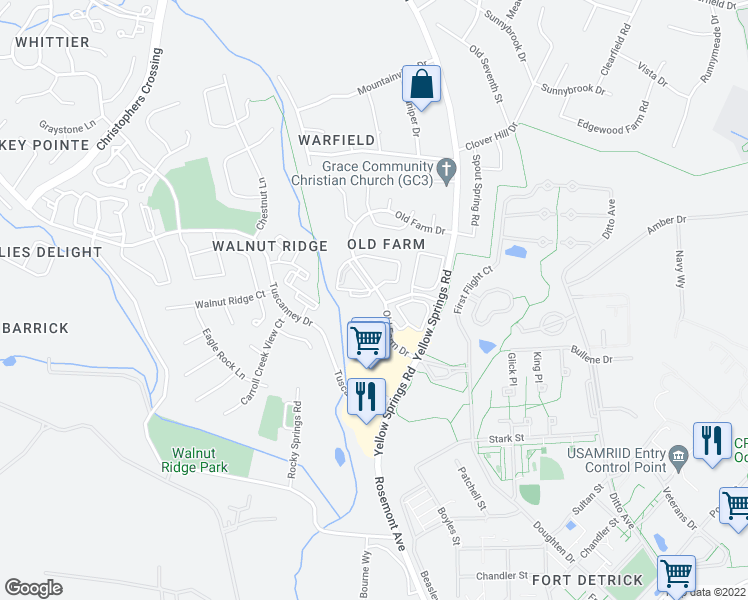 map of restaurants, bars, coffee shops, grocery stores, and more near 2121 Wainwright Court in Frederick
