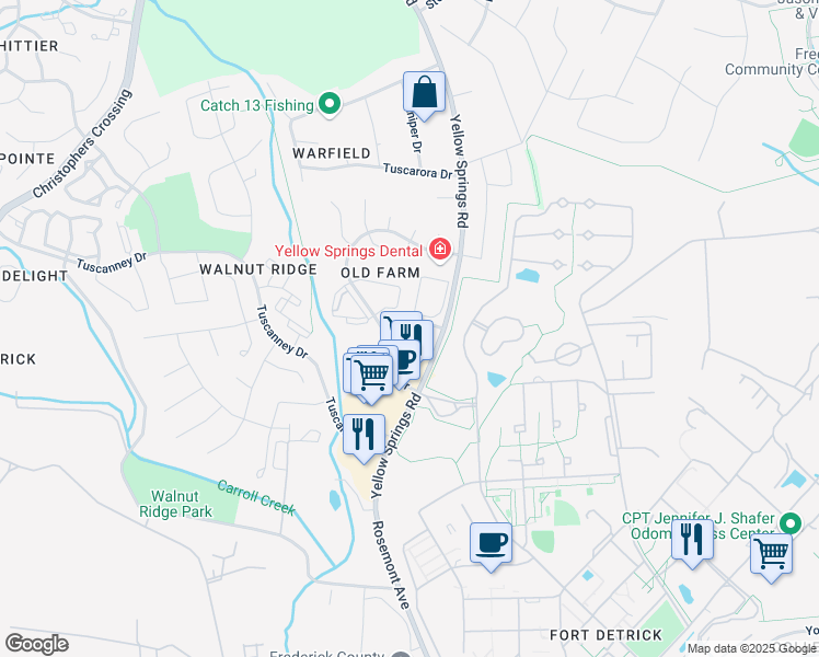 map of restaurants, bars, coffee shops, grocery stores, and more near 2110 Whitehall Road in Frederick