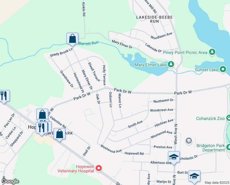 map of restaurants, bars, coffee shops, grocery stores, and more near 170 W Park Dr in Bridgeton
