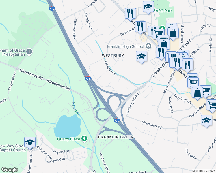 map of restaurants, bars, coffee shops, grocery stores, and more near 1 Sesame Court in Reisterstown