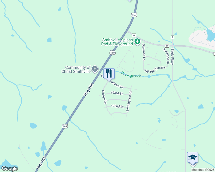 map of restaurants, bars, coffee shops, grocery stores, and more near 19309 Corbyn Lane in Smithville