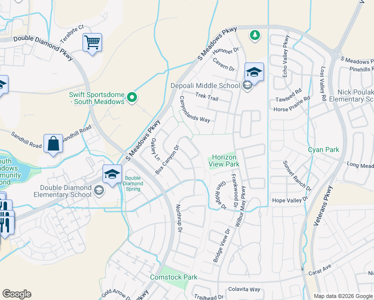 map of restaurants, bars, coffee shops, grocery stores, and more near 9648 Thunder Mountain Way in Reno