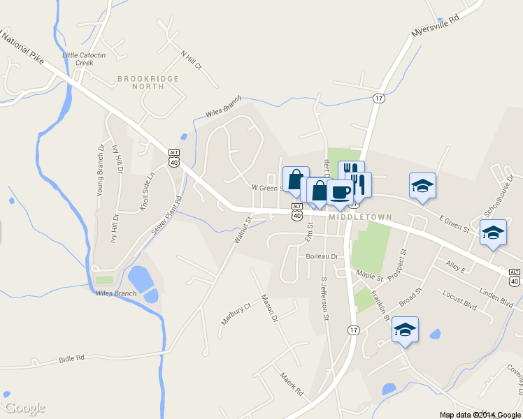 map of restaurants, bars, coffee shops, grocery stores, and more near 405 Old National Pike in Middletown