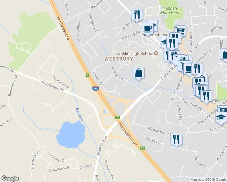 map of restaurants, bars, coffee shops, grocery stores, and more near 3 Rosemary Way in Reisterstown