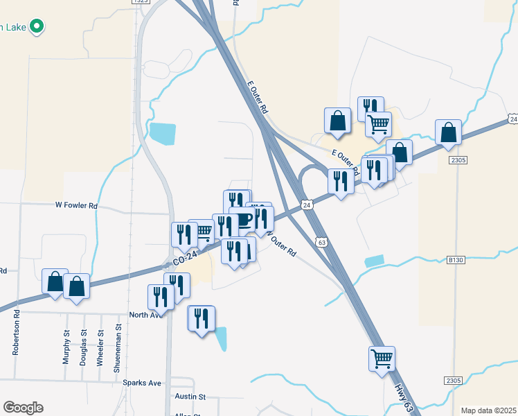 map of restaurants, bars, coffee shops, grocery stores, and more near 2040 Silva Lane in Moberly