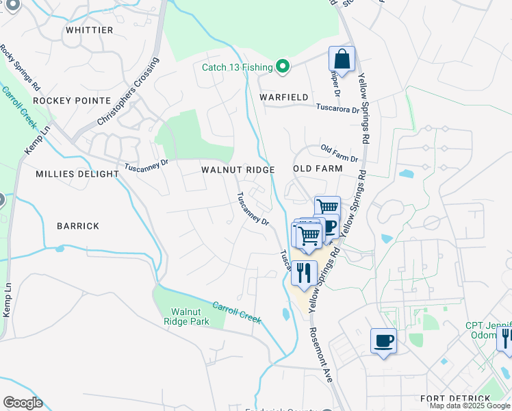 map of restaurants, bars, coffee shops, grocery stores, and more near Greenspring Place in Frederick