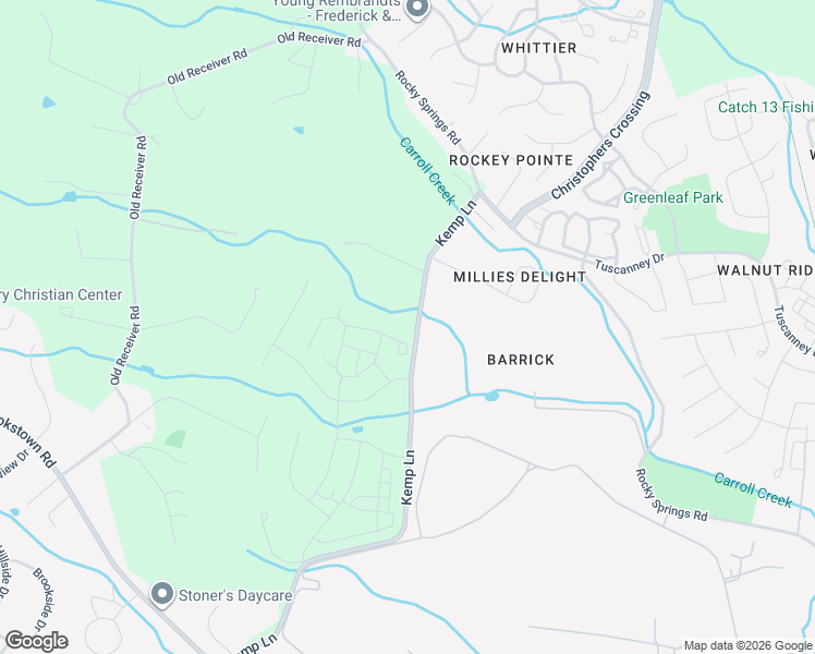 map of restaurants, bars, coffee shops, grocery stores, and more near 7632 Kemp Lane in Frederick