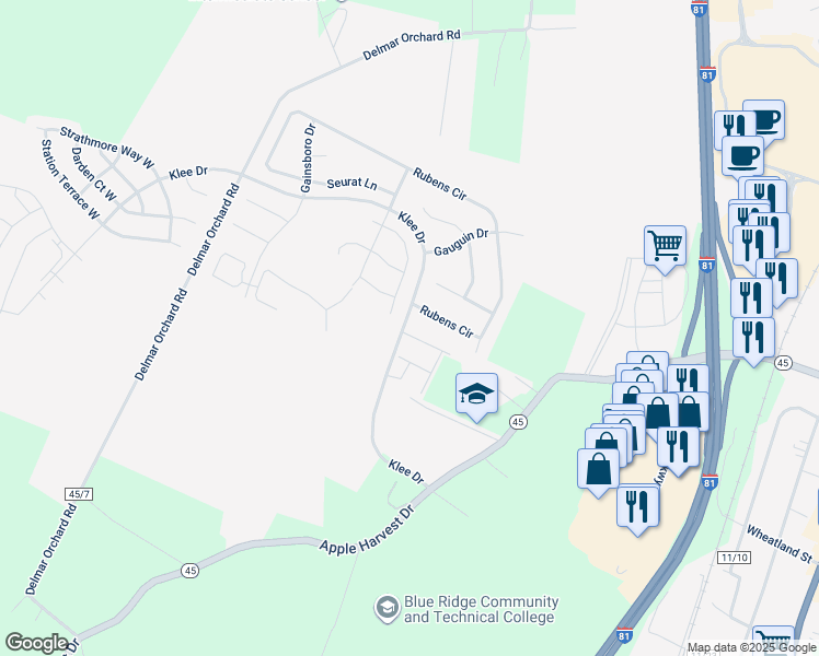 map of restaurants, bars, coffee shops, grocery stores, and more near 10 Klee Drive in Martinsburg