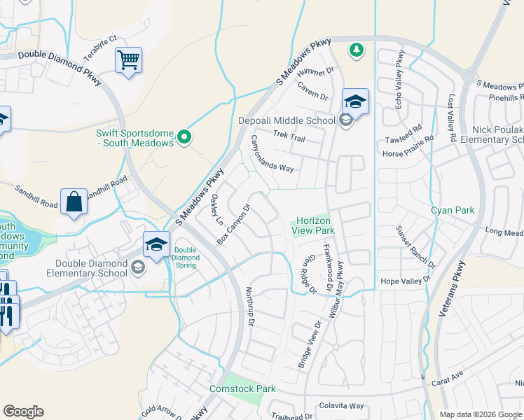 map of restaurants, bars, coffee shops, grocery stores, and more near 9648 Thunder Mountain Way in Reno