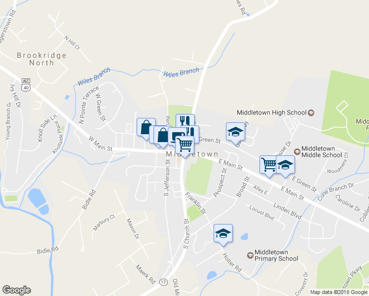 map of restaurants, bars, coffee shops, grocery stores, and more near 1 West Main Street in Middletown