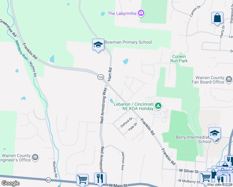 map of restaurants, bars, coffee shops, grocery stores, and more near 801 Franklin Road in Lebanon
