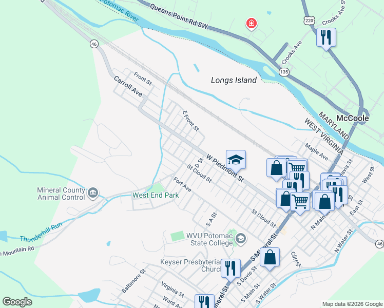 map of restaurants, bars, coffee shops, grocery stores, and more near 27 South E Street in Keyser